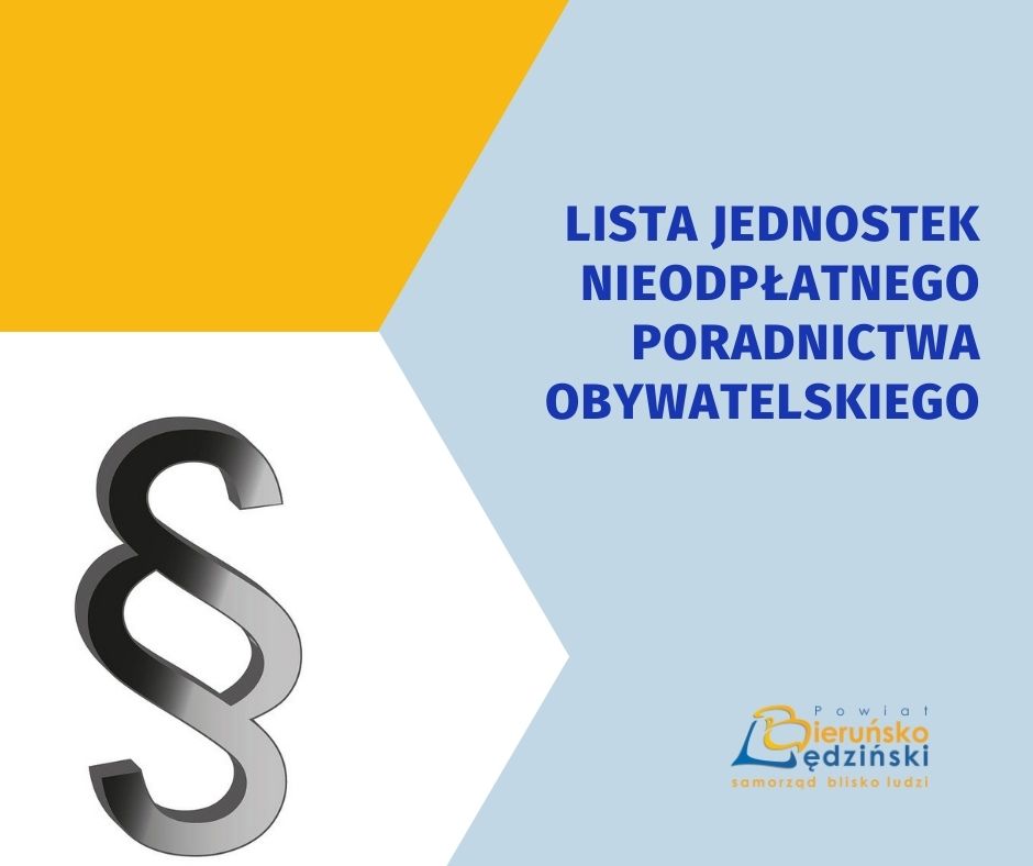 grafika w kolorach żłótym błękitnym oraz białym, z lewej strony znak paragrafu, z prawej strony napis lista jednostek nieodpłatnego poradnictwa obywatelskiego